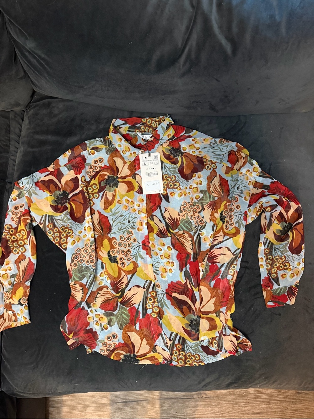 Zara Floral Button-Up Blouse in Light Blue, Red and Brown